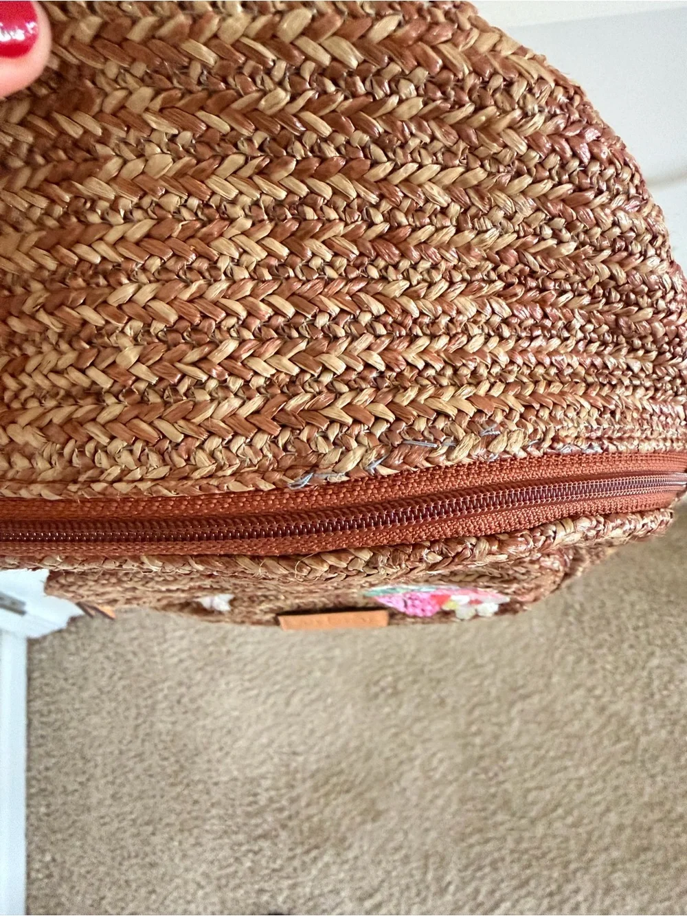 Vera Bradley Brown Straw Mini Backpack with Pink Strawberry Embroidery